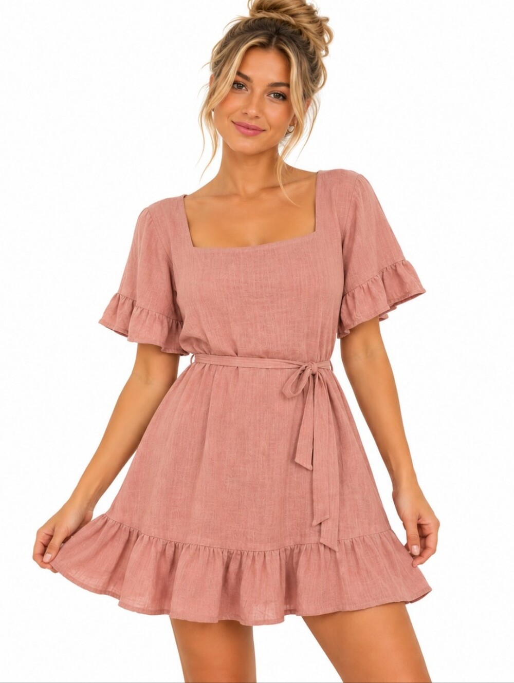 Loveriche Linen Cotton Mini Dress M Dusty Rose Square Neck Ruffle